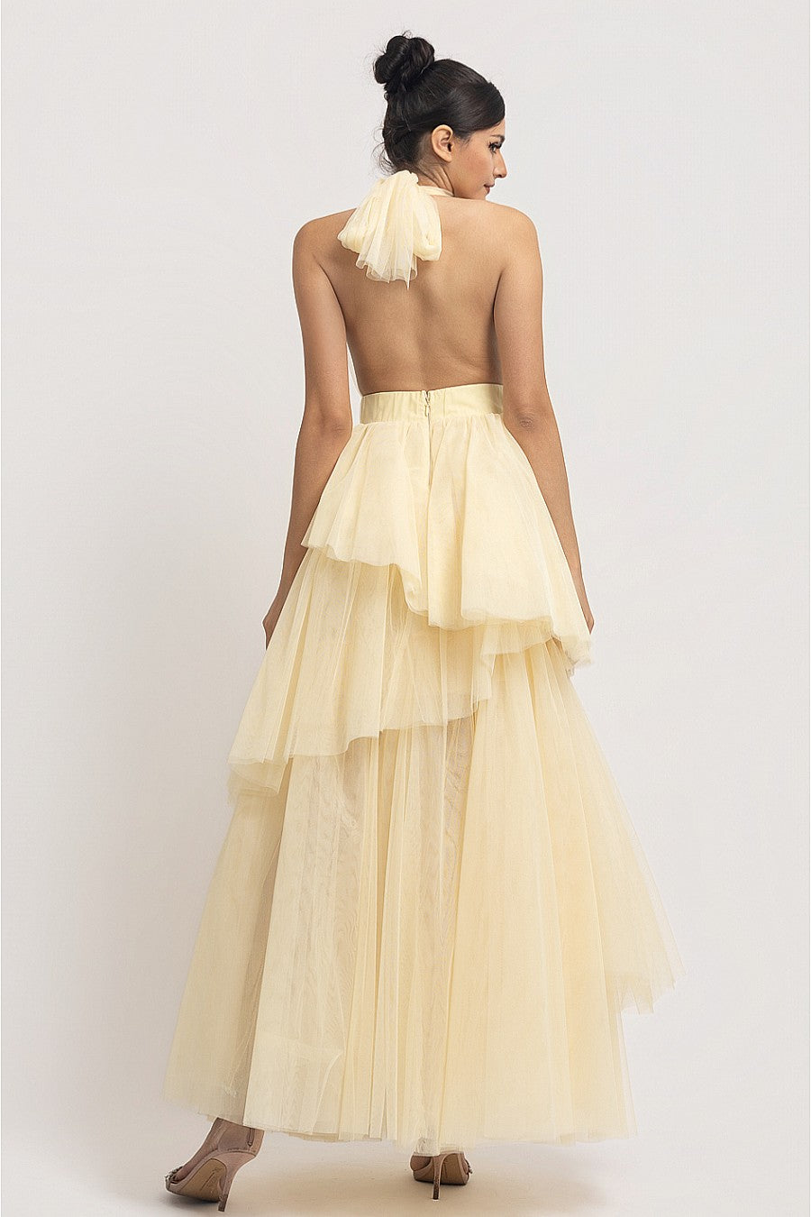 Vista completa vestido largo amarillo halter tutú - Pink Shop by MAF