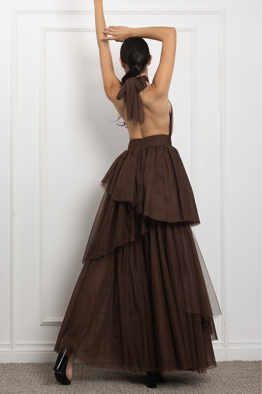 Vista completa vestido largo chocolate halter tutú - Pink Shop by MAF