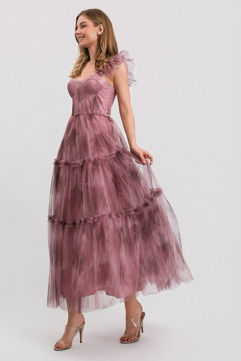 Vestido midi tul floral mauve corset — detalle