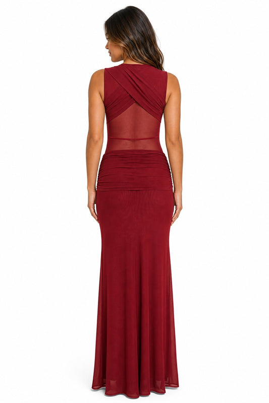 Vestido largo de mesh con drapeado y transparencia — Vino