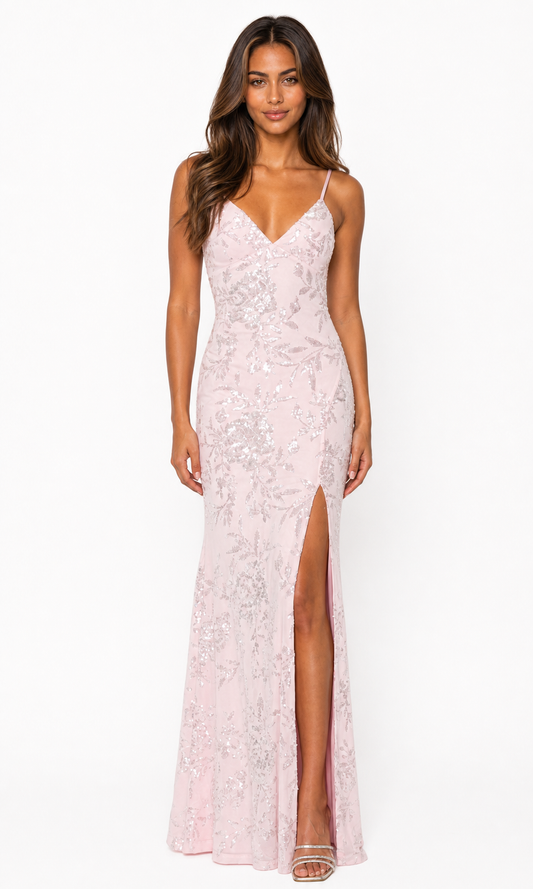 Vestido largo sirena de lentejuela rosa — vista tres cuartos
