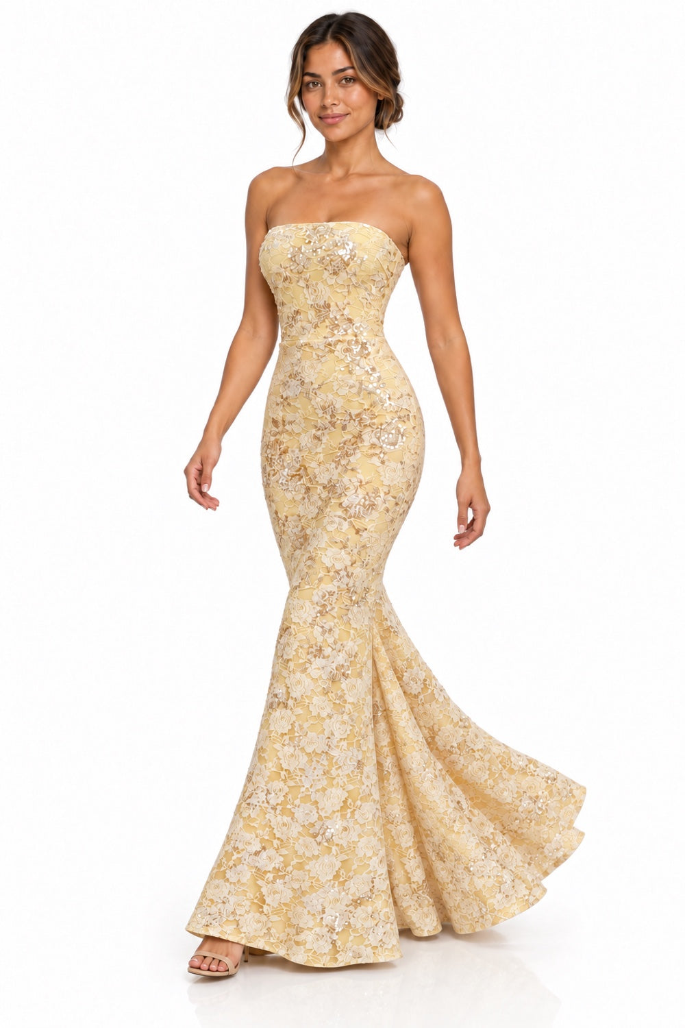 Pink Shop by MAF Vestido largo de encaje strapless amarillo, vista 9