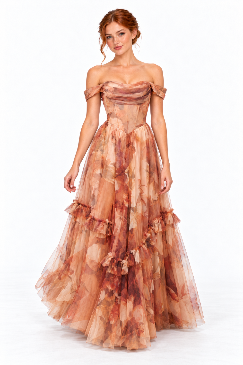 Pink Shop by MAF Vestido largo de malla off shoulder con corsé moca, movimiento