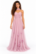 Vestido largo de malla escote corazón con flores 3D