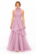Vestido largo de tul halter con capas escalonadas