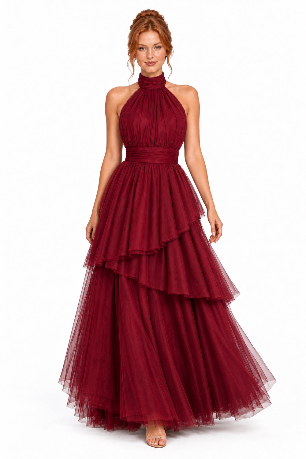 Pink Shop by MAF Vestido largo de tul halter con capas escalonadas vino tinto, movimiento