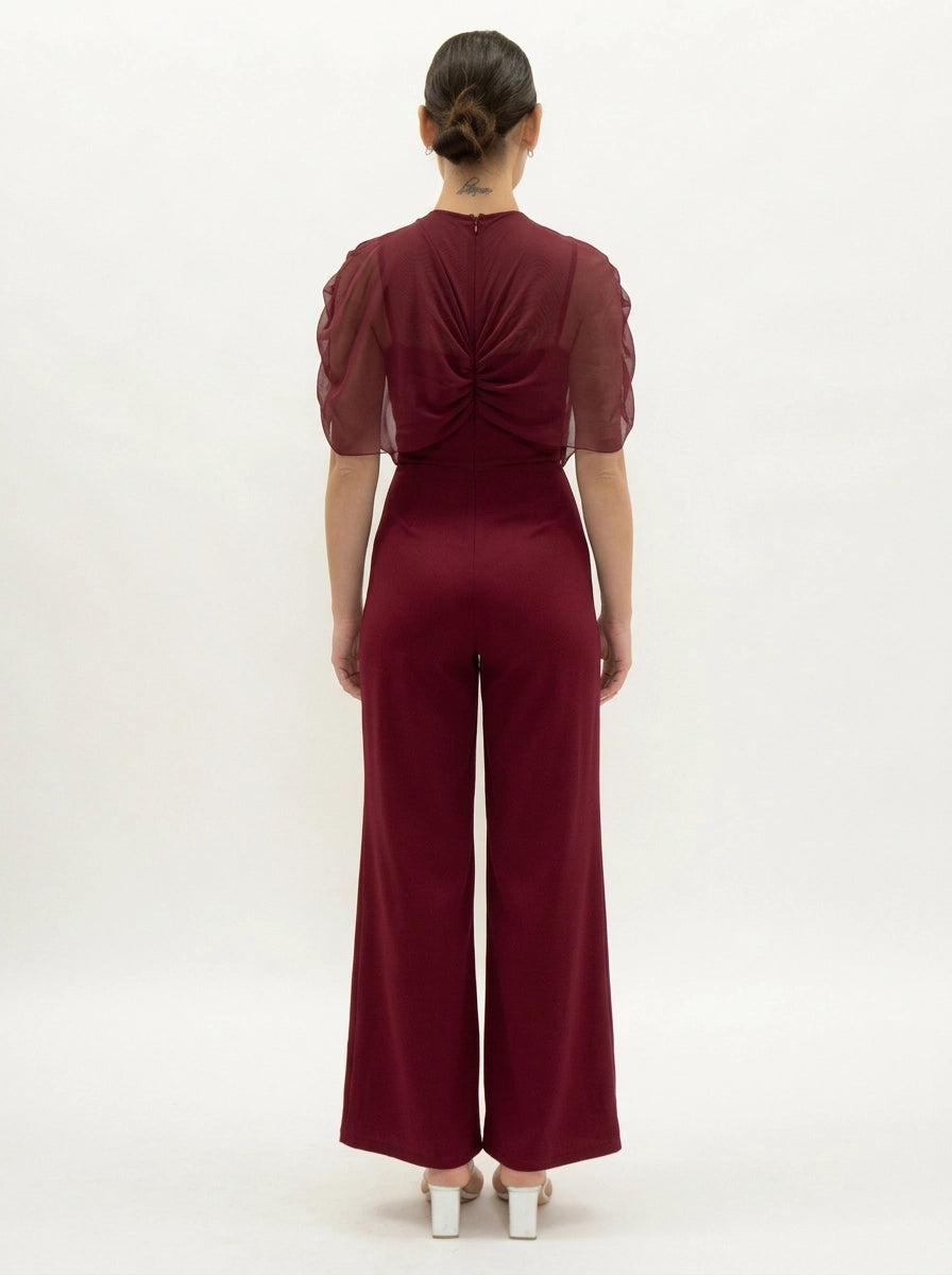 Pink Shop by MAF Jumpsuit de pantalón recto con drapeado de mesh vino, vista 3