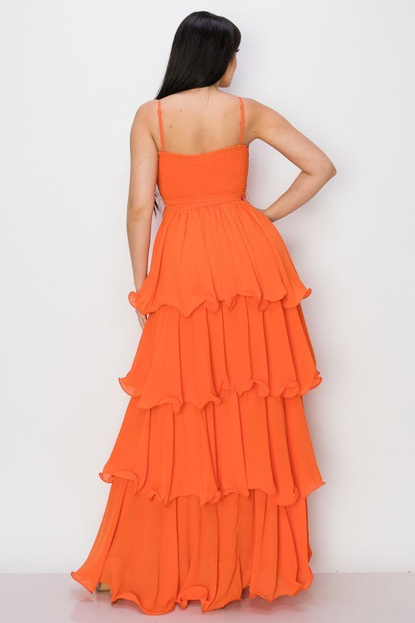 Vestido Largo Corrugado Falda Capas Naranja