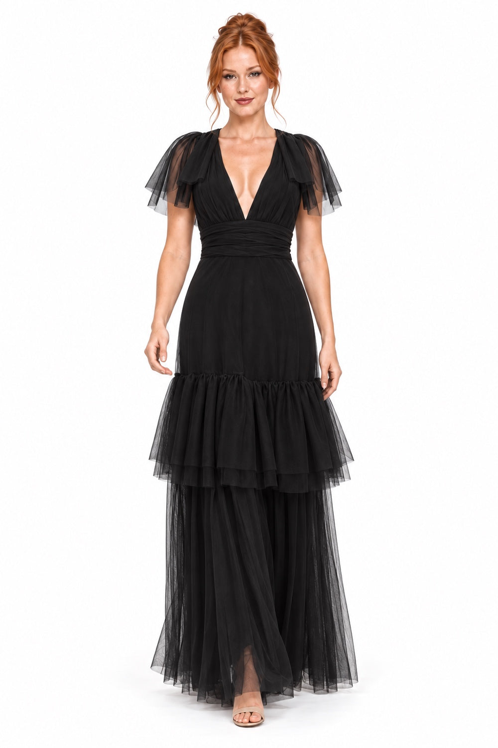 Pink Shop by MAF vestido largo de tul negro con olanes, vista 7