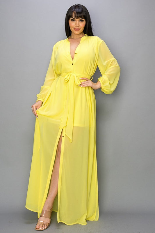 Vestido Camisero Largo Vaporoso Amarillo