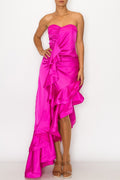 Vestido satinado asimétrico con olanes Fucsia