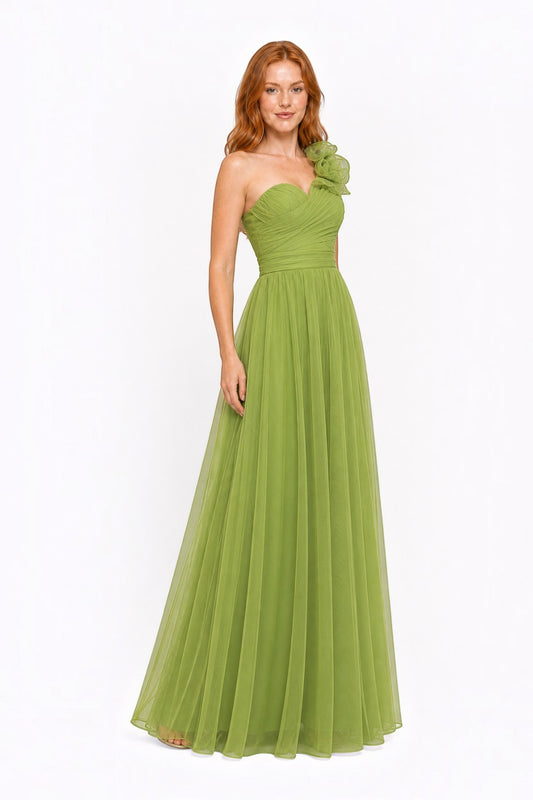 Pink shop by maf apple green tulle maxi dress with pleated sweetheart bodice, one-shoulder 3D flower, and A-line skirt