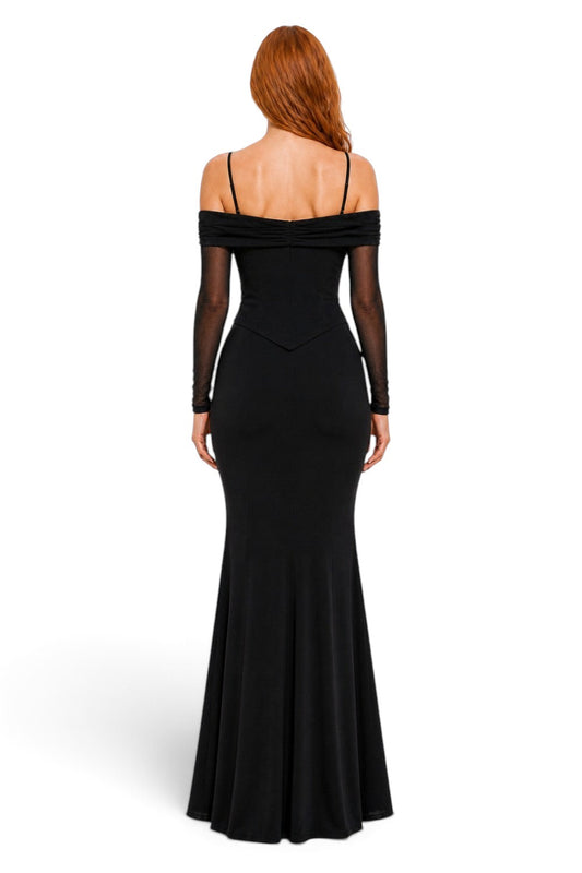 Pink shop by maf black off-shoulder maxi dress with mesh sleeves and corset bodice, back view on a model