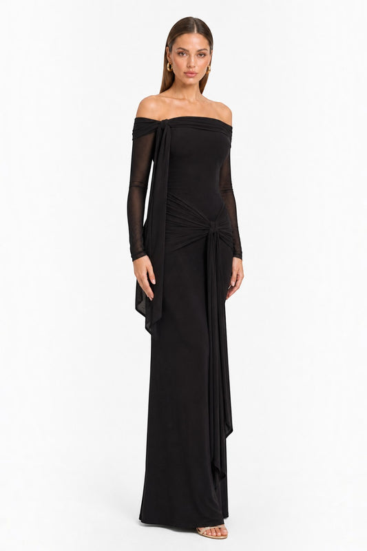 Pink shop by maf black off-shoulder maxi dress in jersey with mesh sleeves and draped waist tie detail