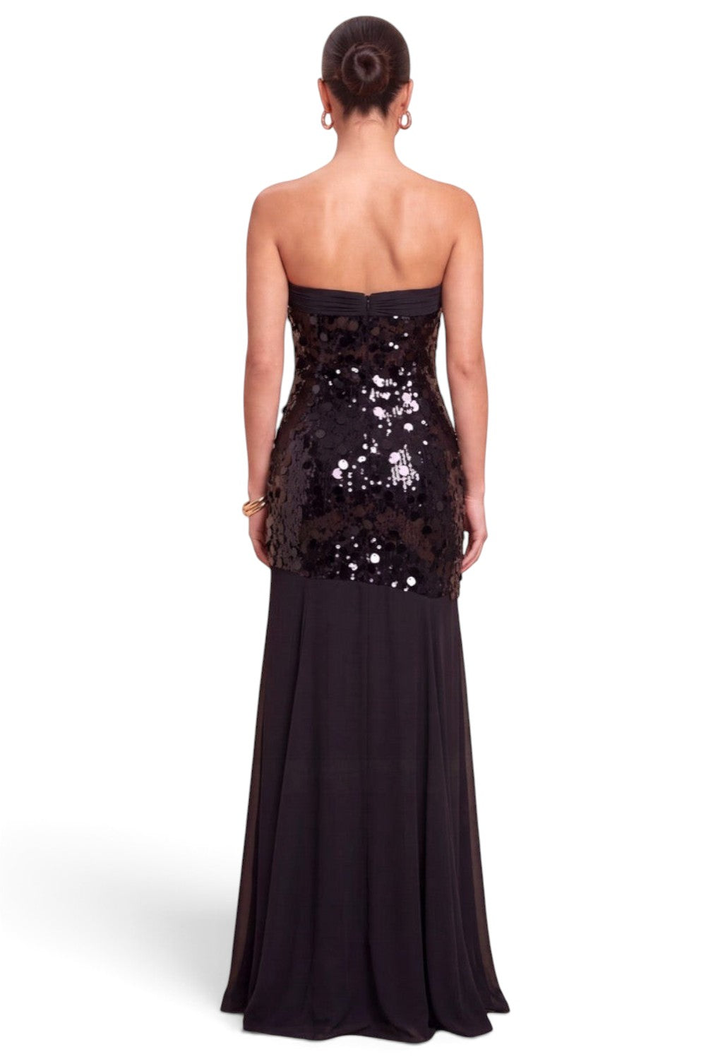 Back view of a Pink shop by maf black strapless mermaid gala dress with sequin bodice and chiffon skirt