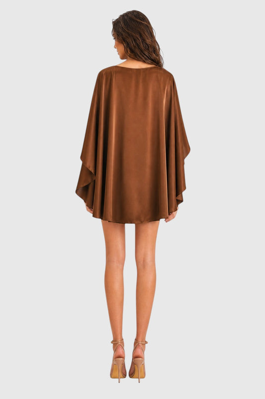 Pink shop by maf brown satin cape top worn by a model, back view showing the dramatic drape and elegant silhouette.