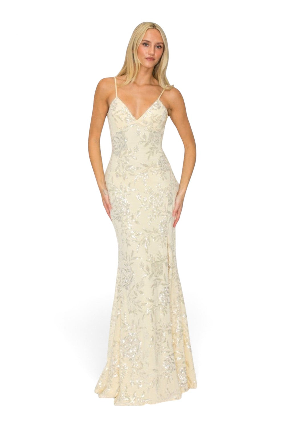 Pink shop by maf butter yellow mermaid gown with floral sequins, spaghetti straps, and a butterfly back detail.