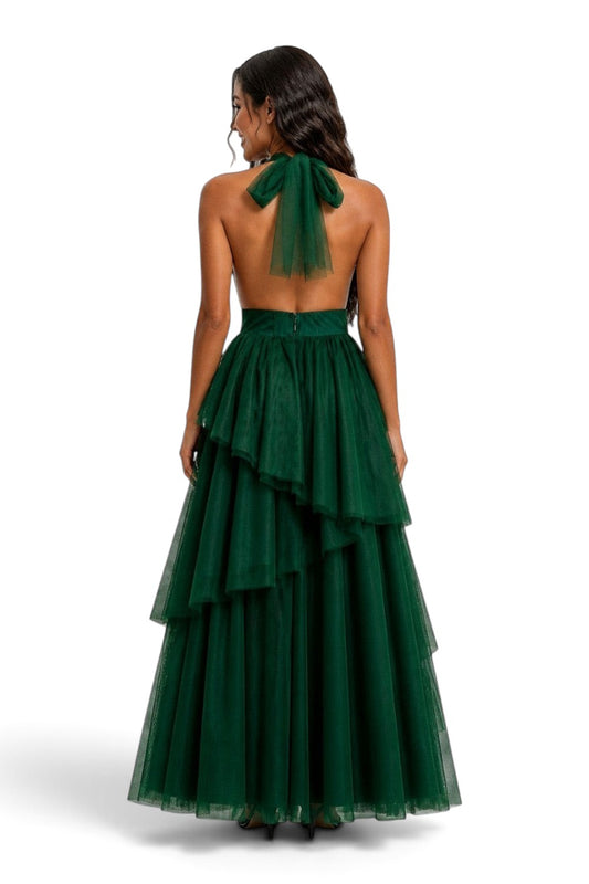 Pink shop by maf forest green tulle halter gown with back bow and asymmetrical tiered skirt on a model