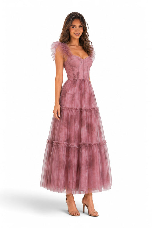 Pink shop by maf mauve floral tulle midi dress with corset bodice, ruffled straps, and tiered skirt on a model