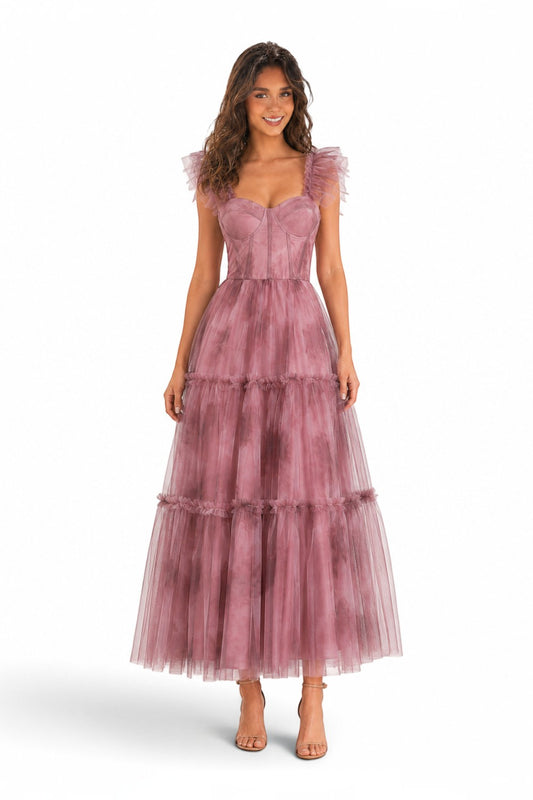 Pink shop by maf mauve floral tulle midi dress with corset bodice, ruffled straps, and tiered skirt on a model.