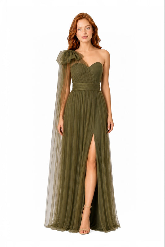 Pink shop by maf olive green tulle maxi dress with one shoulder, bow detail, sweetheart bodice, and leg slit.