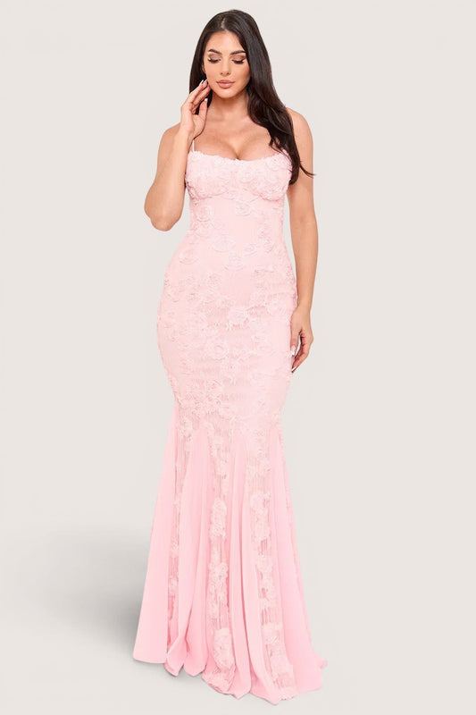 Pink shop by maf dusty pink mermaid maxi dress with 3D floral lace embroidery, sweetheart neckline, and spaghetti straps