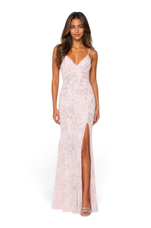 Pink shop by maf pink floral sequin mermaid gown with thin straps and a high leg slit worn by a model