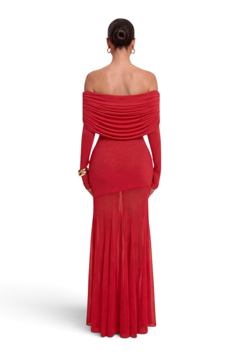 Pink shop by maf red off-shoulder long-sleeve maxi dress with draped bodice and sheer mermaid skirt, back view