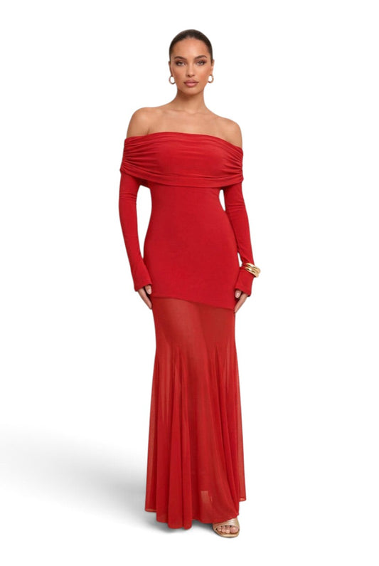 Pink shop by maf red off-shoulder maxi dress with long sleeves, draped bodice, and sheer mermaid skirt