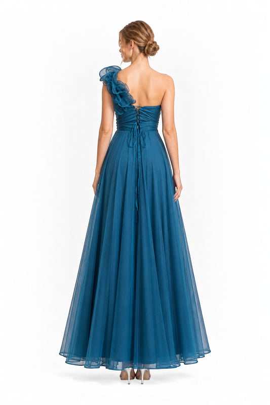 Pink shop by maf teal tulle evening gown with one-shoulder 3D flower detail, pleated bodice, and lace-up back