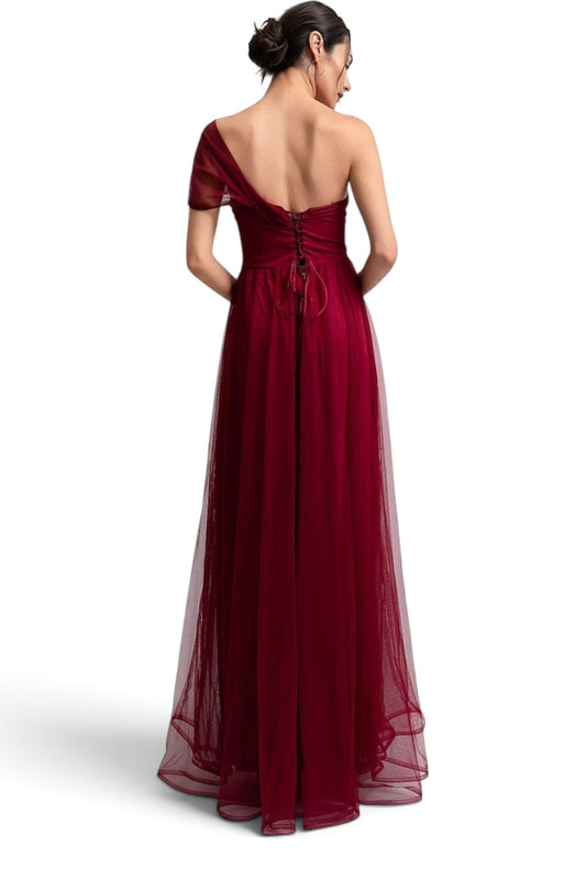 Pink shop by maf wine red one-shoulder maxi dress with lace-up back detail and sheer overlay