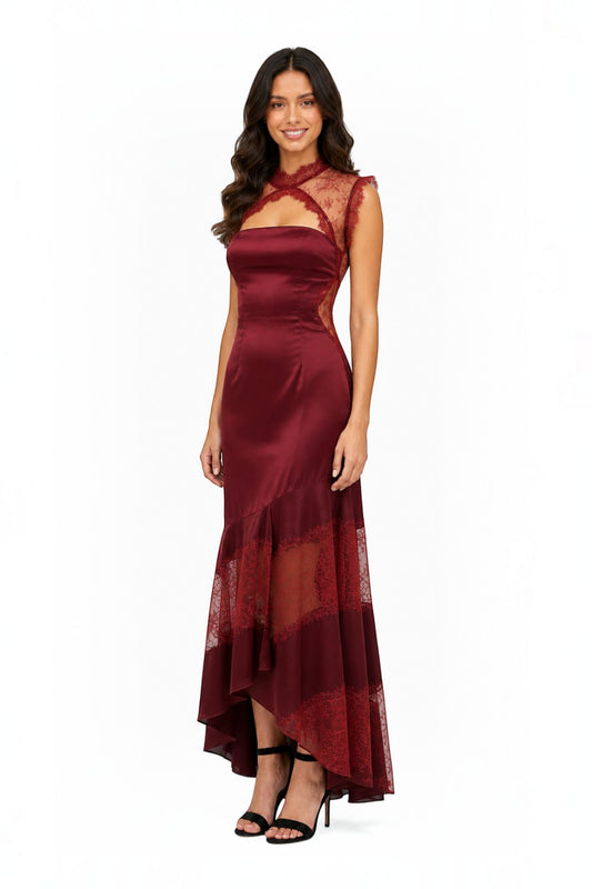 Pink shop by maf wine satin maxi dress with high neck, lace panels, and an asymmetrical ruffled hem