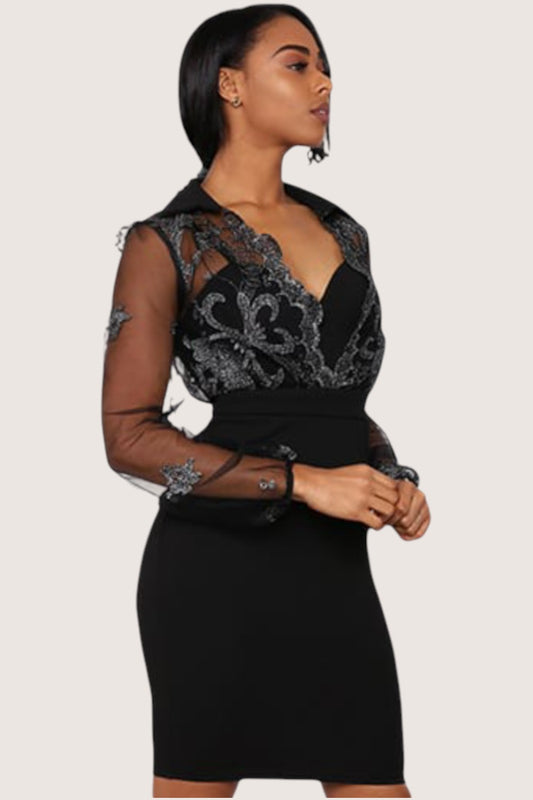 Vestido Corto Negro con Plata con Manga