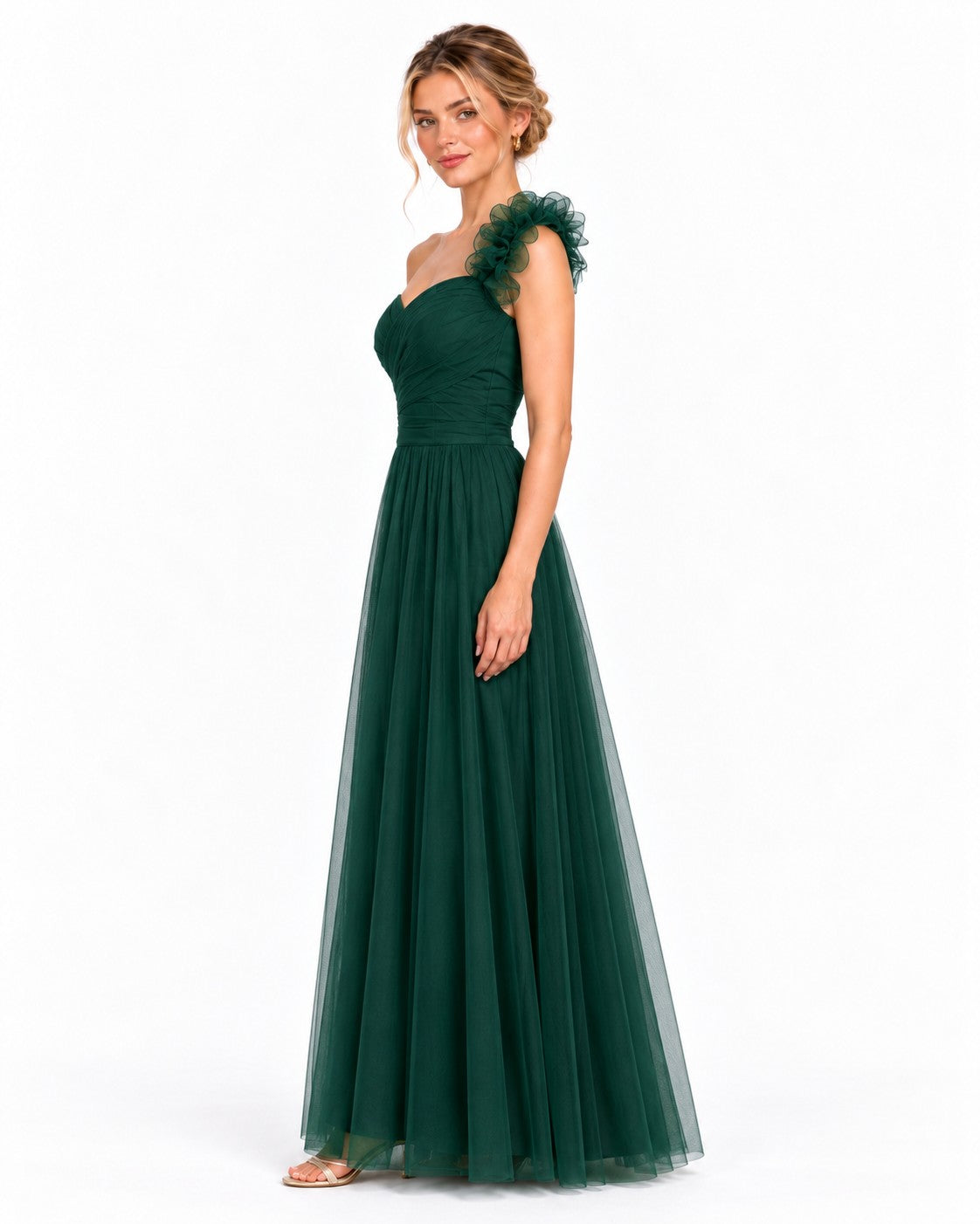 Vestido largo de tul escote corazón con flor en un hombro — Verde botella — foto 3