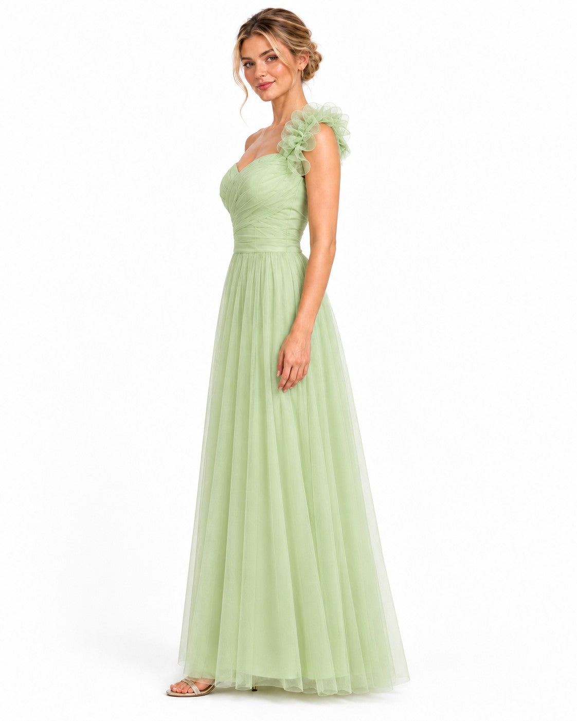 Vestido largo de tul escote corazón con flor en un hombro — Pistache — foto 3