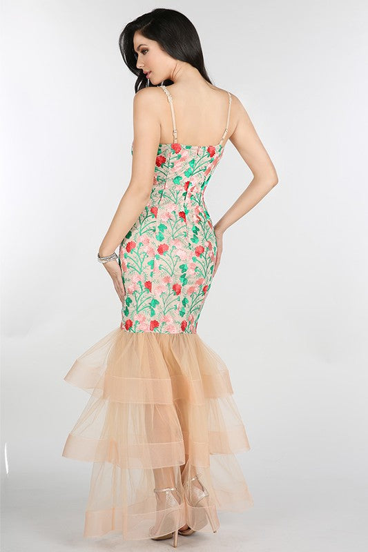 Vestido Largo Bordado de Flores Cola de Sirena con Olanes