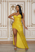 Vestido Largo Lentejuela Plisado con Maxi Abertura