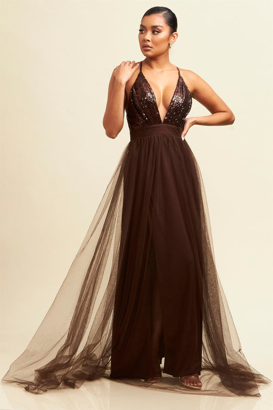 Vestido  Escote En V Con Lentejuela Y Tull Chocolate