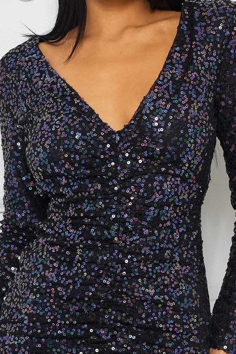 VESTIDO NEGRO LARGO CON LENTEJUELA TORNASOL