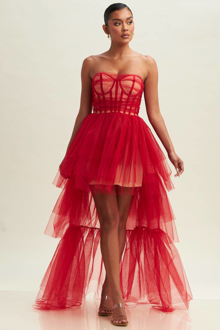Vestido de tul corto largo Corset Rojo-Nude