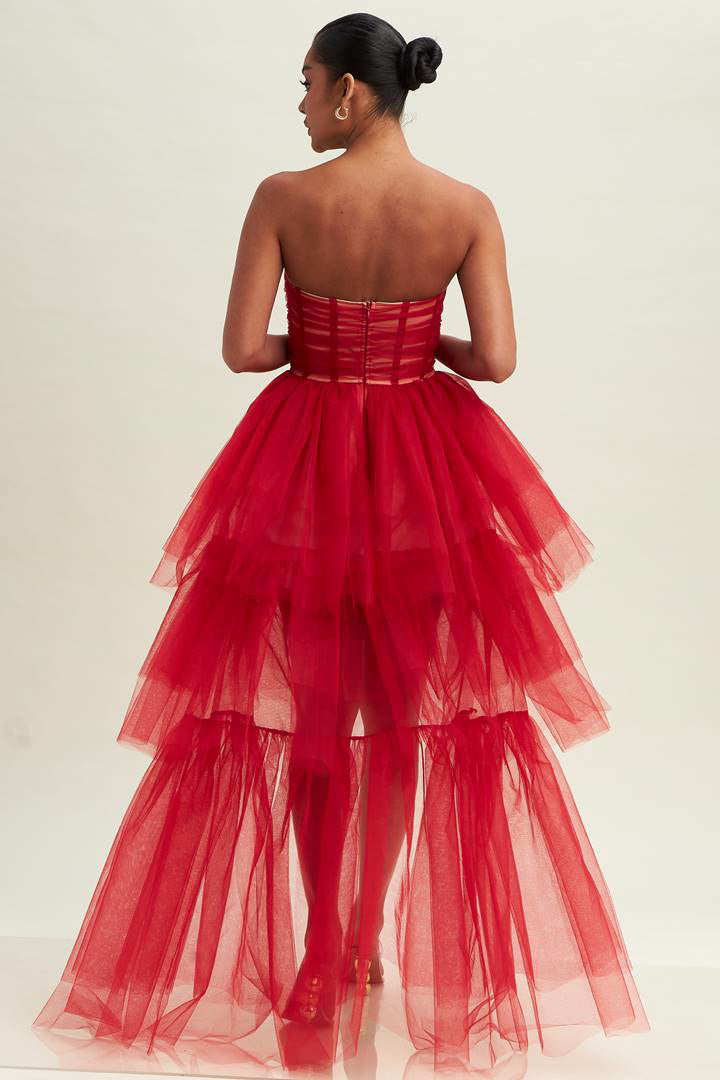 Vestido de tul corto largo Corset Rojo-Nude