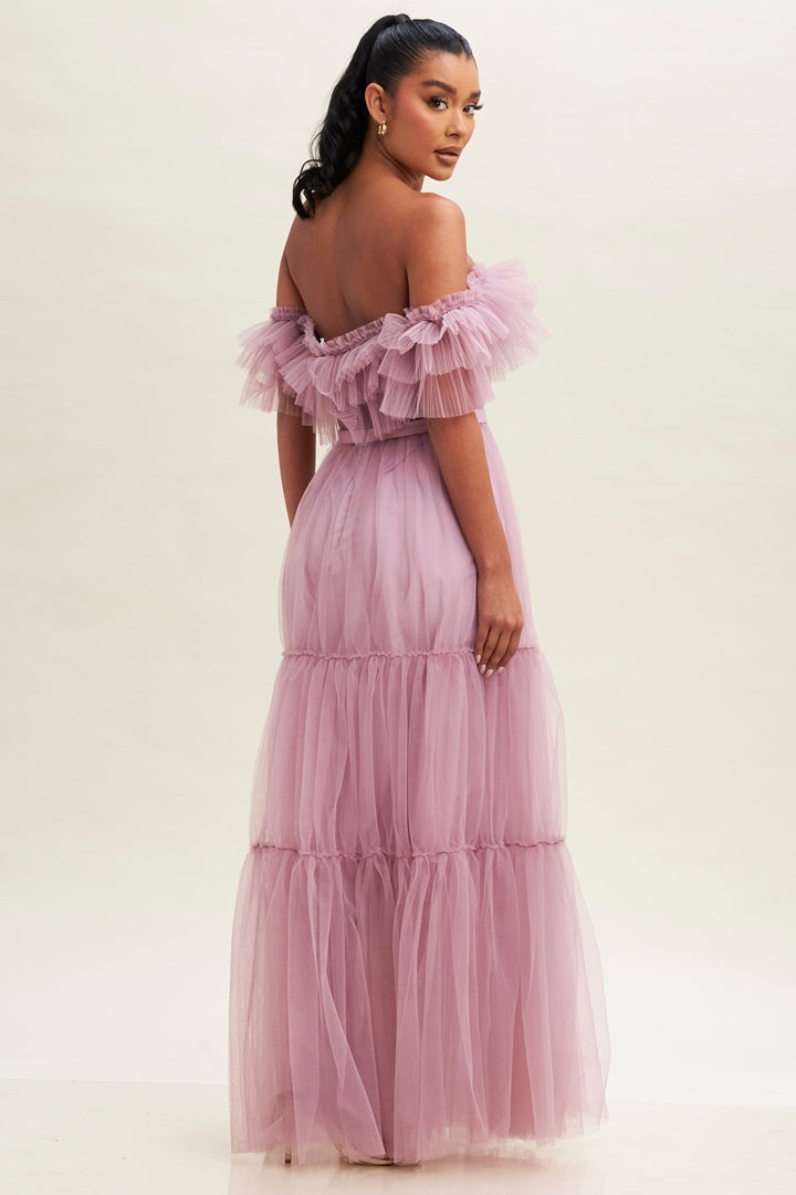 Vestido Largo Tul medio hombro Falda Capas mauve