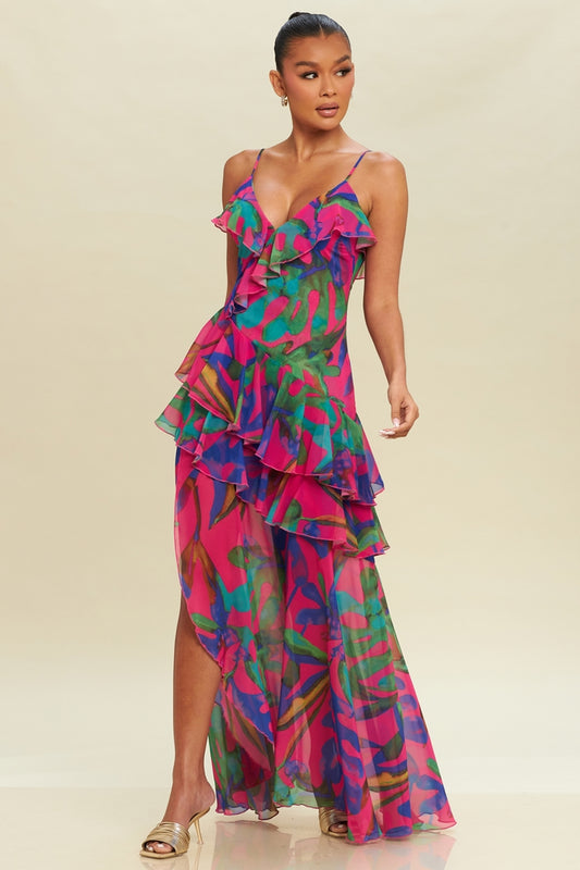 VESTIDO DE GASA CON OLANES ROSA CON HOJAS PALMA