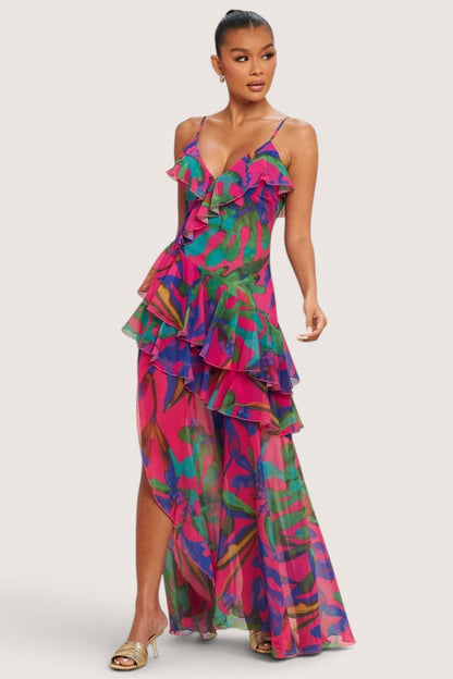 VESTIDO DE GASA CON OLANES ROSA CON HOJAS PALMA