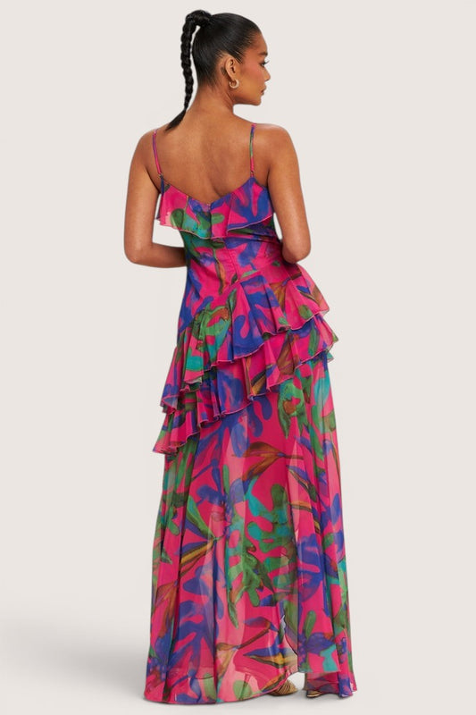 VESTIDO DE GASA CON OLANES ROSA CON HOJAS PALMA