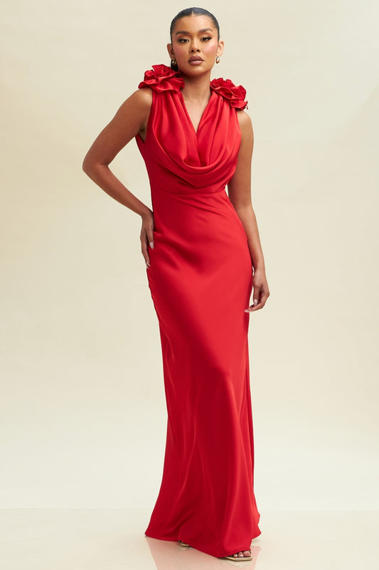 Vestido Satin Pegado rojo con flor 3d en hombro