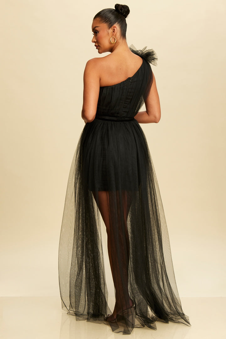 Vestido Largo Tul corto largo Un hombro Negro