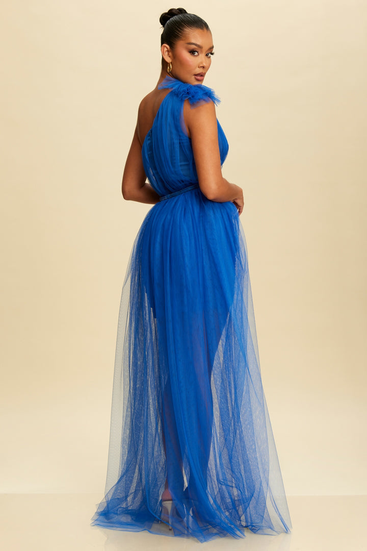 Vestido Largo Tul corto largo Un hombro Azul rey