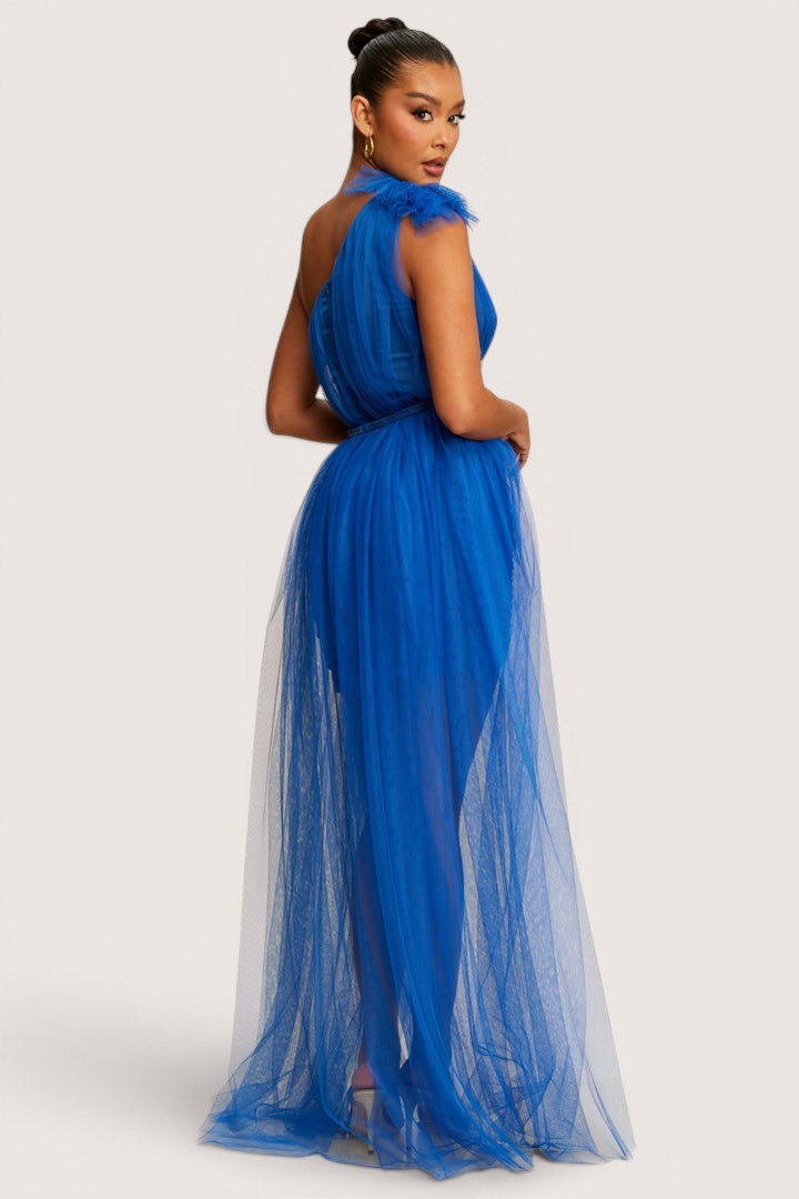 Vestido Largo Tul corto largo Un hombro Azul rey