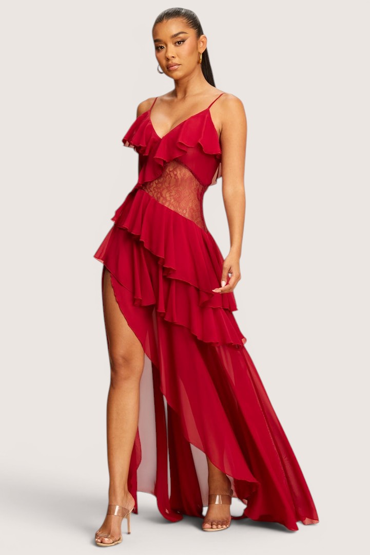 Vestido largo olanes asimetricos gasa con encaje vino